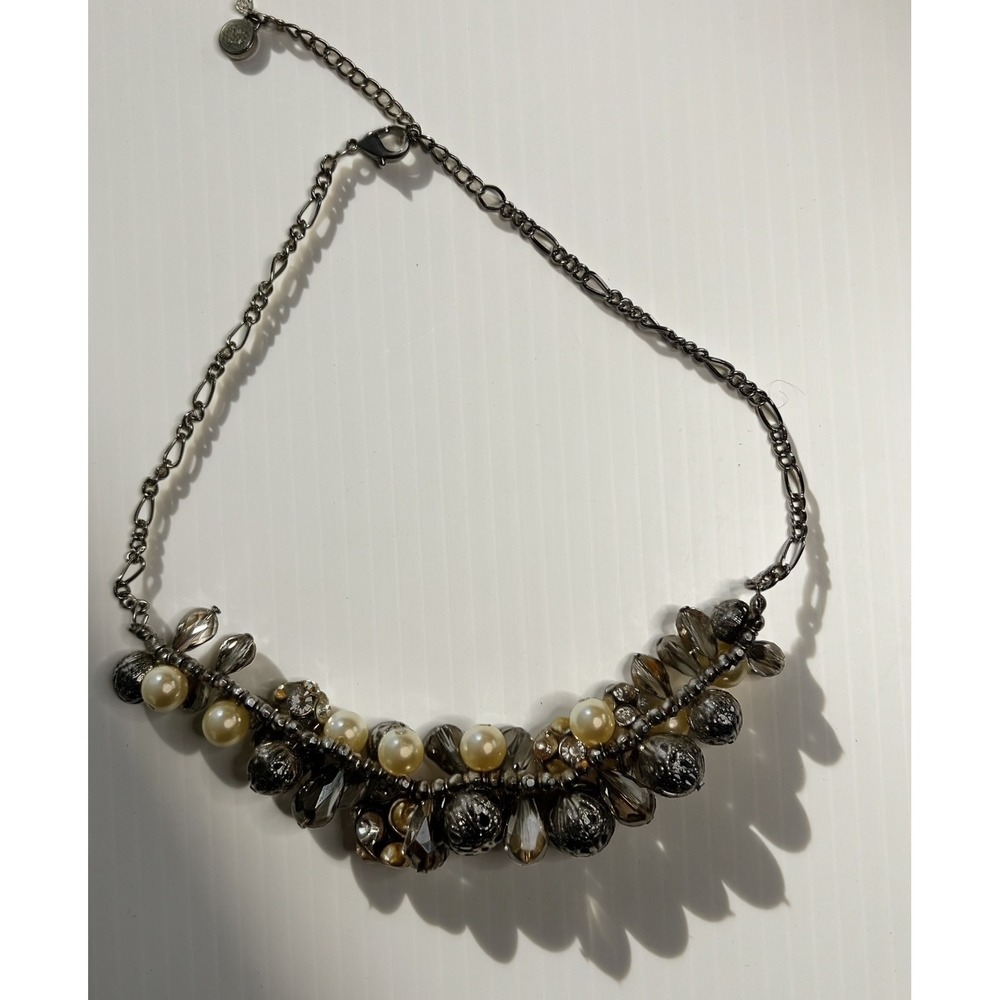 Silver Tone Faux Pearl and Smoky Crystal Cluster Statement Bib Necklace